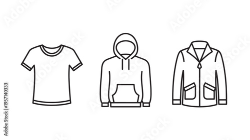 Clothing icons set t shirt hoodie jacket apparel line art fashion outfit outline collection isolated on white