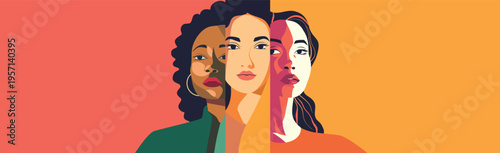 Vector horizontal abstract bright banner for Women's Day, March 8. Women different cultures, skin colors, nationalities stand together. Movement for freedom, gender equality, women's empowerment