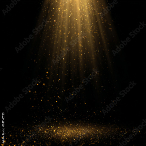 Shining golden rays illuminate glitter dust floating on dark stage. Light creates sparkling, luxurious ambiance. Perfect for product or festive design backgrounds.
