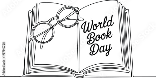 Open book with glasses and World Book Day text line art