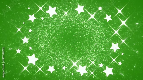 Bright white stars and light bursts radiate from a central point on green