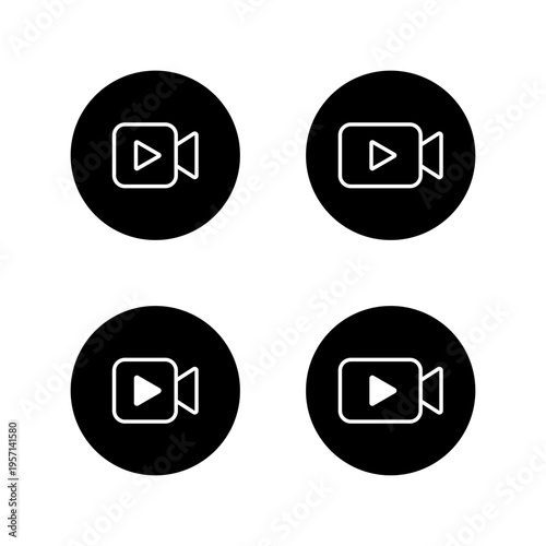 Video play camera outline icon set. Media player symbol in black circle
