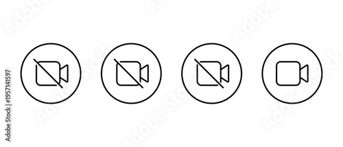 Video call outline icon set in circular outline. Enable and disable camera record symbol