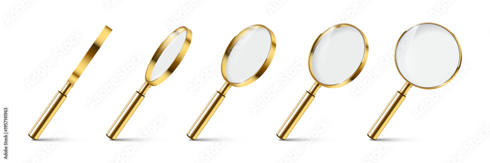 Obraz premium Magnifying glass set of five gold handled lenses in different angles and positions. 3D detailed loupe icons for search, zoom, inspection, scientific study concepts. Realistic vector illustration.