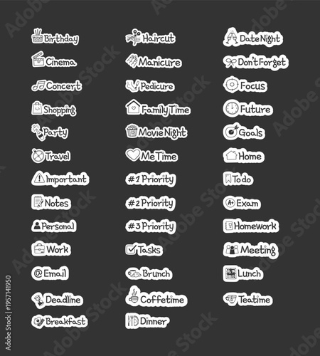 Cute labeled tags for events and tasks black and white line drawing sticker pack. Study work. Doodle outline illustrations. Minimal planner icons labels design. Monochrome printable cliparts kit