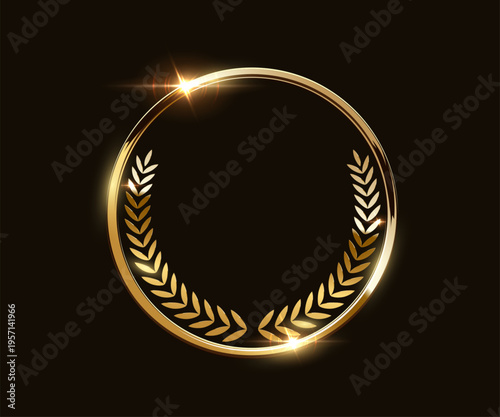 Gold award medal. Golden award winner emblem. Shiny round frame with wreath laurel and light sparkles on dark background for winners ceremony, branding, rewards. Luxury elegant vector illustration.