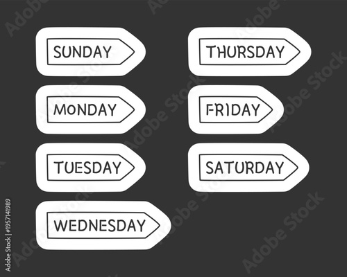Days of week black and white line drawing sticker pack. Weekly schedule. Daily agenda. Weekend weekday. Doodle outline illustrations. Minimal planner labels design. Monochrome printable cliparts kit