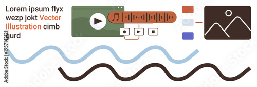 Digital media, content creation, audio streaming, visual design, video tools, interface design. Media player window, sound wave icons image thumbnail wavy lines. Digital media and content creation