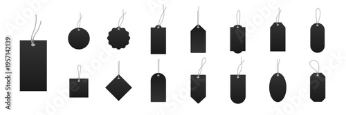 Price tags. Sale labels. Hanging tags. Blank black labels mockups. Paper empty stickers of different shapes with string loops for retail, packaging, gifts, luggage. Realistic vector illustrations set.