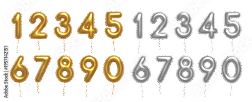 Gold and silver balloon numbers. 3D birthday golden baloon metallic numbers isolated on white. Bright realistic vector design elements for anniversary, celebration, party, sale, promotion.