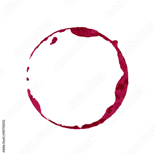 Wine glass stain. Red circular wine ring and splashes on white background. Realistic beverage mark for bar or restaurant design, menu decoration. Texture realistic vector illustration.