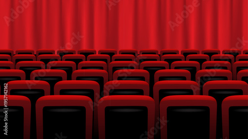 Red theater stage curtain. Cinema stage curtain audience hall with rows of dark seats. Classic performance interior scene, movie, presentation, conference. Realistic vector illustration.
