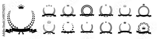 Black award laurel wreath set vector illustration with ribbon, stars, crown and empty place for name of winner. 3D prize for awarding ceremony, championship, best player. Quality certified icons.