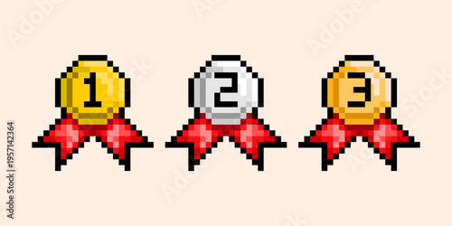 Winner Medal Set Pixel Art Illustration, Gold Silver Bronze Ranking Award Retro 8 Bit Icon