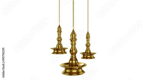 Trio of Traditional Golden Hanging Vilakku Lamps on Black Background
