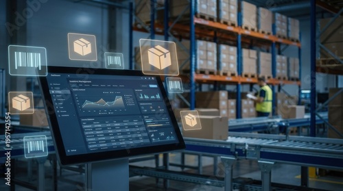 Stock Control: Inventory database displayed in warehouse system with floating box and barcode icons
