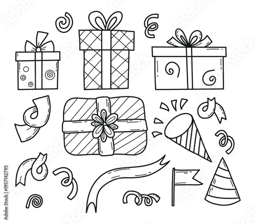 Cute Party Gifts Doodles. Outline Holiday Gift Boxes, Festive Tinsel, Christmas Serpentine Presents, Confetti Poppers, and Birthday Decorations. Isolated Vector Line Art Hand Drawn, coloring page