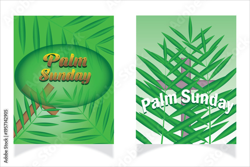 Palm Sunday religious poster set with green palm leaves and Cross Christian holy week celebration vector design.