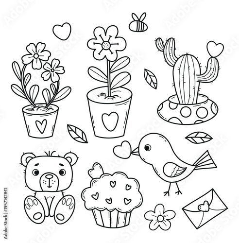 Cute Love and Romance Doodle Set. Outline Potted Flowers, Cactus, Teddy Bear, Bird, Valentine Day letter and Cupcake. Vector Illustration. Line Art holiday drawing isolated on white Background.