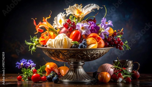 Exquisite Still Life Arrangement of Fresh Fruits and Flowers in Ornate Bowl.