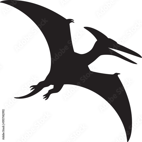 Flying pterodactyl silhouette in dark shadow with sharp wings and beak on white background for prehistoric wildlife designs
