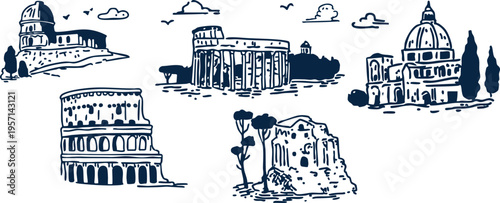 Rome, Italy Landmarks Sketch Set, Minimal Line Art Travel Icons Vector Collection