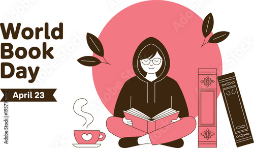 World Book Day illustration with a person reading and books Keywords: World Book Day, reading