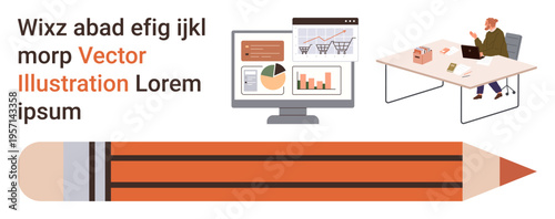 Business analysis, creative workspace, online analytics, workplace organization, design tools, data visualization. Computer showing charts, a workstation pencil design. Business analysis