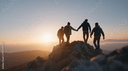 Group of people on mountain summit supporting teammates symbolizes teamwork leadership and growth. Travel trekking theme reflects challenge. Landscape enhances ambition. Cooperation is central.