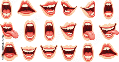 Expressive colorful vector mouths sticking out tongues and biting