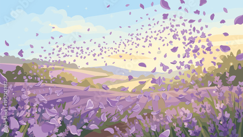 Lavender Field Scenery, Summer Breeze, Floral Petals Blowing, Rural Landscape Background