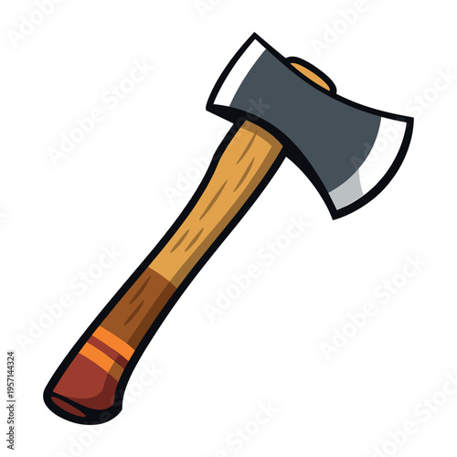 Axe, a sharp cutting tool with a wooden handle, useful for chopping wood and timber in cartoon graphic style