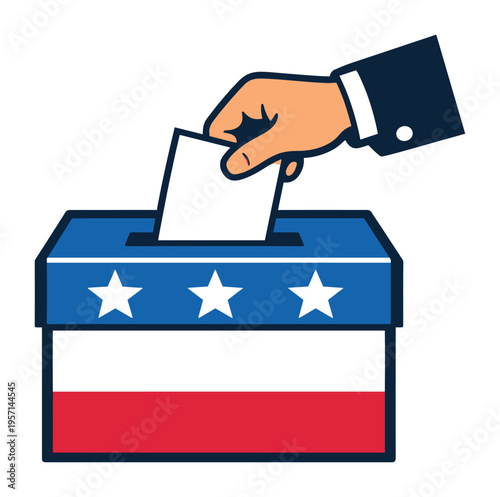 Hand placing a ballot into a voting box decorated with USA flag colors and stars, representing election, democracy, and freedom