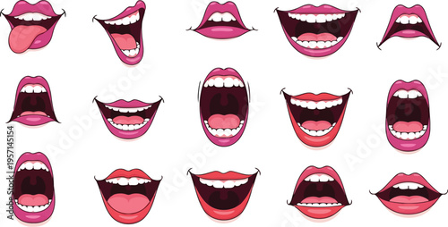 Glamour vector illustrations of feminine pink lips and white teeth