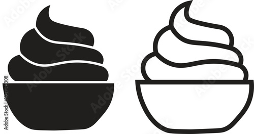 Two icons depicting a bowl filled with a swirl of whipped cream, one solid black and one outline.