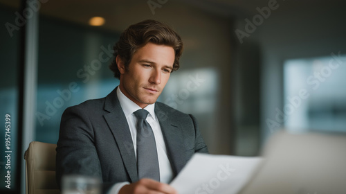Corporate lawyer carefully reviewing legal contracts and business agreements while sitting at a modern meeting room table with documents laptop and notes emphasizing corporate law compliance legal