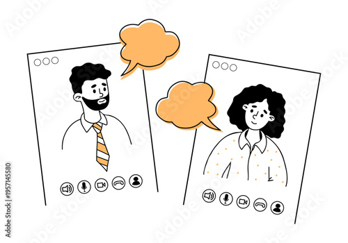 Online Video Call Interface Doodle. Bearded Man and Woman Characters and Communication. Outline hand-drawn. Vector illustration