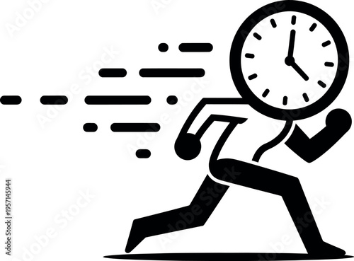 A stick figure running with a clock for a head in a hurry