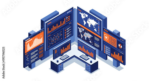 The cyber security team analyzes data on multiple screens in a control room.