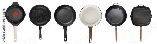 Set of frying pans isolated on white background, top view, different nonstick cookware collection, kitchen utensils
