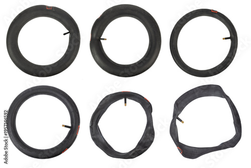 Bicycle inner tubes set isolated on white background, different bike tire tubes collection, repair and cycling equipment