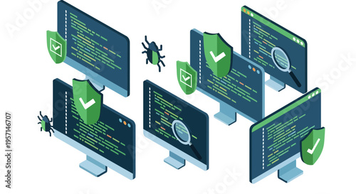 Multiple computer screens display cyber security checks with shields and bugs in a network environment.