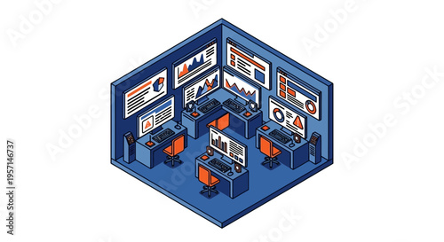 Cyber security experts monitor screens in a high-tech control room for threats.