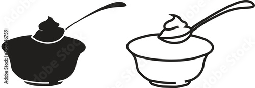 Two bowls with spoons, one filled with a black silhouette and the other an outline, both containing a dollop of cream or yogurt.