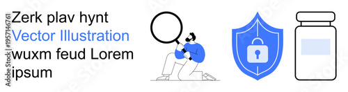 Data security, medical research, online protection, medicine, analysis, pharmaceutical industry. A man holding a magnifying glass, shield with a lock and medicine bottle. Data security and medical