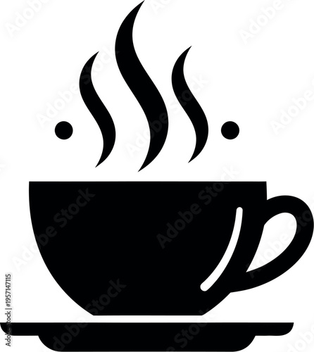 Black silhouette of a steaming cup of coffee on a saucer