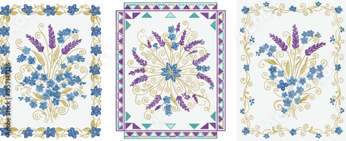 Lavender and Forget-Me-Not Floral Frame Set with Folk Art Borders Botanical Bouquet Illustration for Elegant Wedding Invitations Greeting Cards Vector