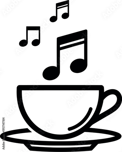Black and white illustration of music notes coming out of a teacup on a saucer