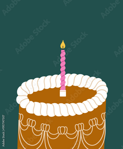 Poster with decorated birthday cake with cream and a candle. Ideal for greeting cards, invitations, party supplies, social media posts, printable crafts, website headers etc. Vector illustration.