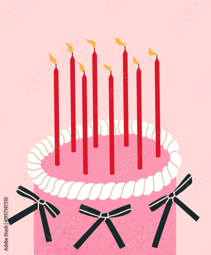 Poster with decorated birthday cake with candles and bows. Ideal for greeting cards, invitations, party supplies, social media posts, printable crafts, website headers etc. Vector illustration.